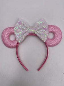 Mickey Sequined Headband Bow - Pink w/ White Bow