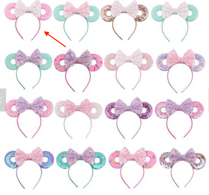 Mickey Sequined Headband Bow - Pink w/ White Bow